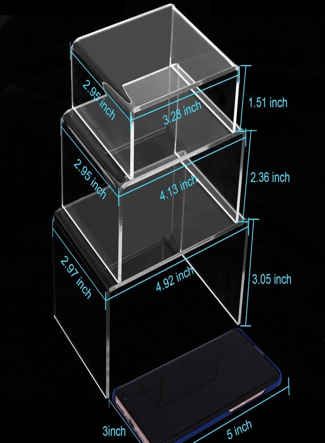 Ouskr Acrylic Risers for Display, 6 Pcs Acrylic Display Riser, Clear Display Stands for Shelf Dessert Cupcake Candy Food Tabletop Collectibles Product Bar Action Figure Jewelry Showcase (3- 4- 5 IN) - Image 3